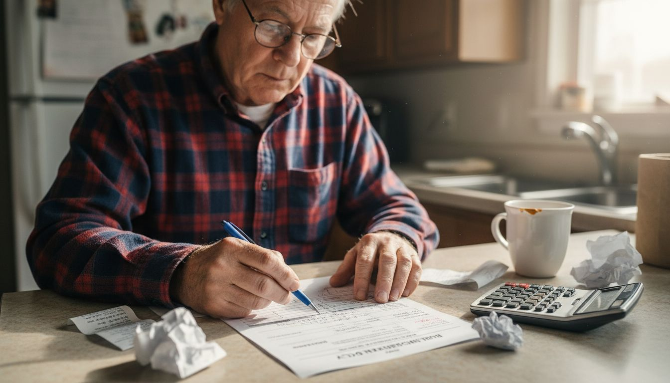 Senior reviewing burial insurance cost paperwork