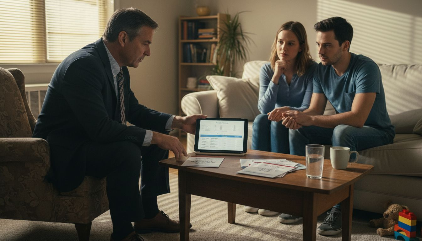 Agent explaining insurance policies to couple