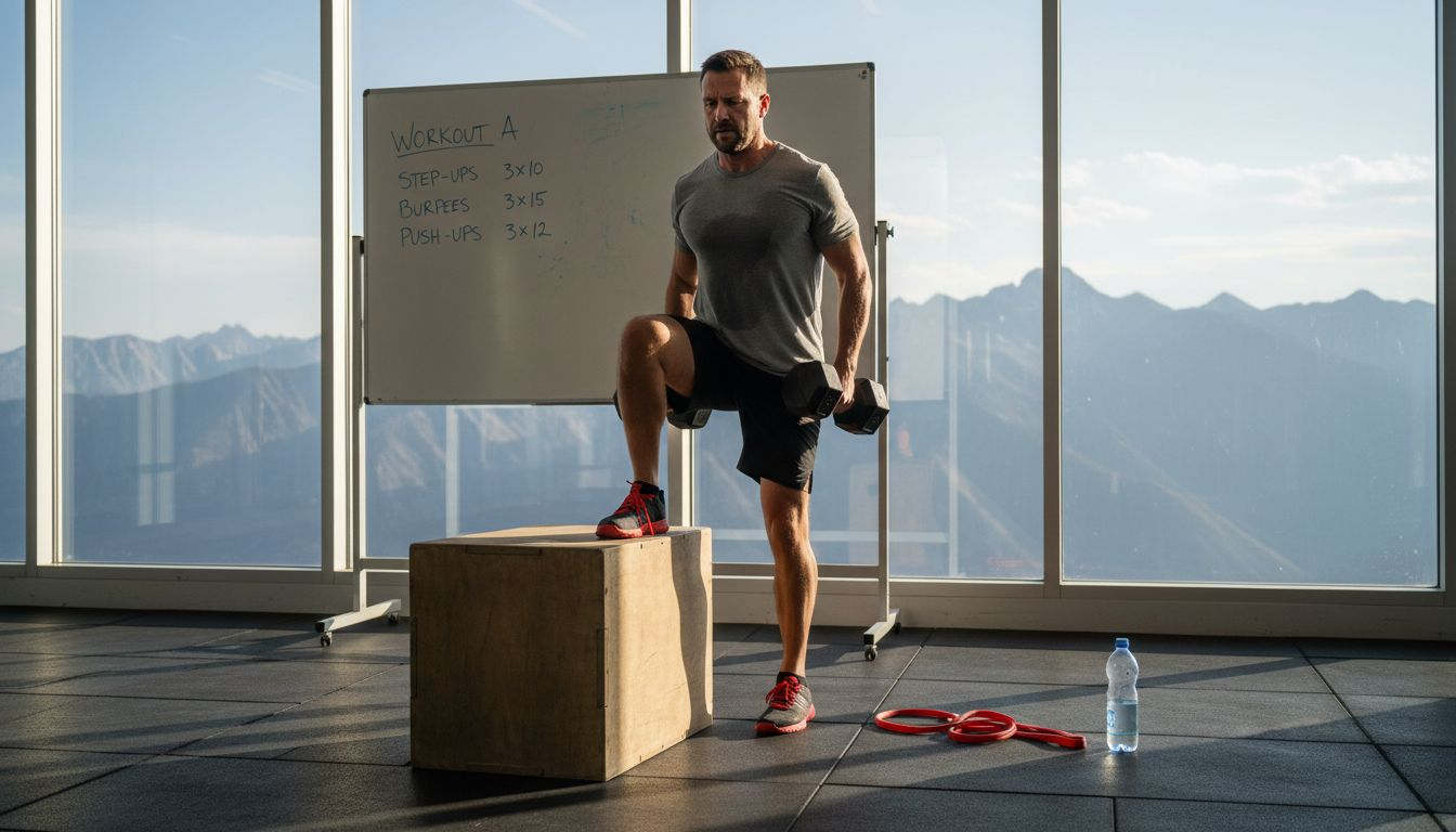 Man strength training for mountain trek in gym