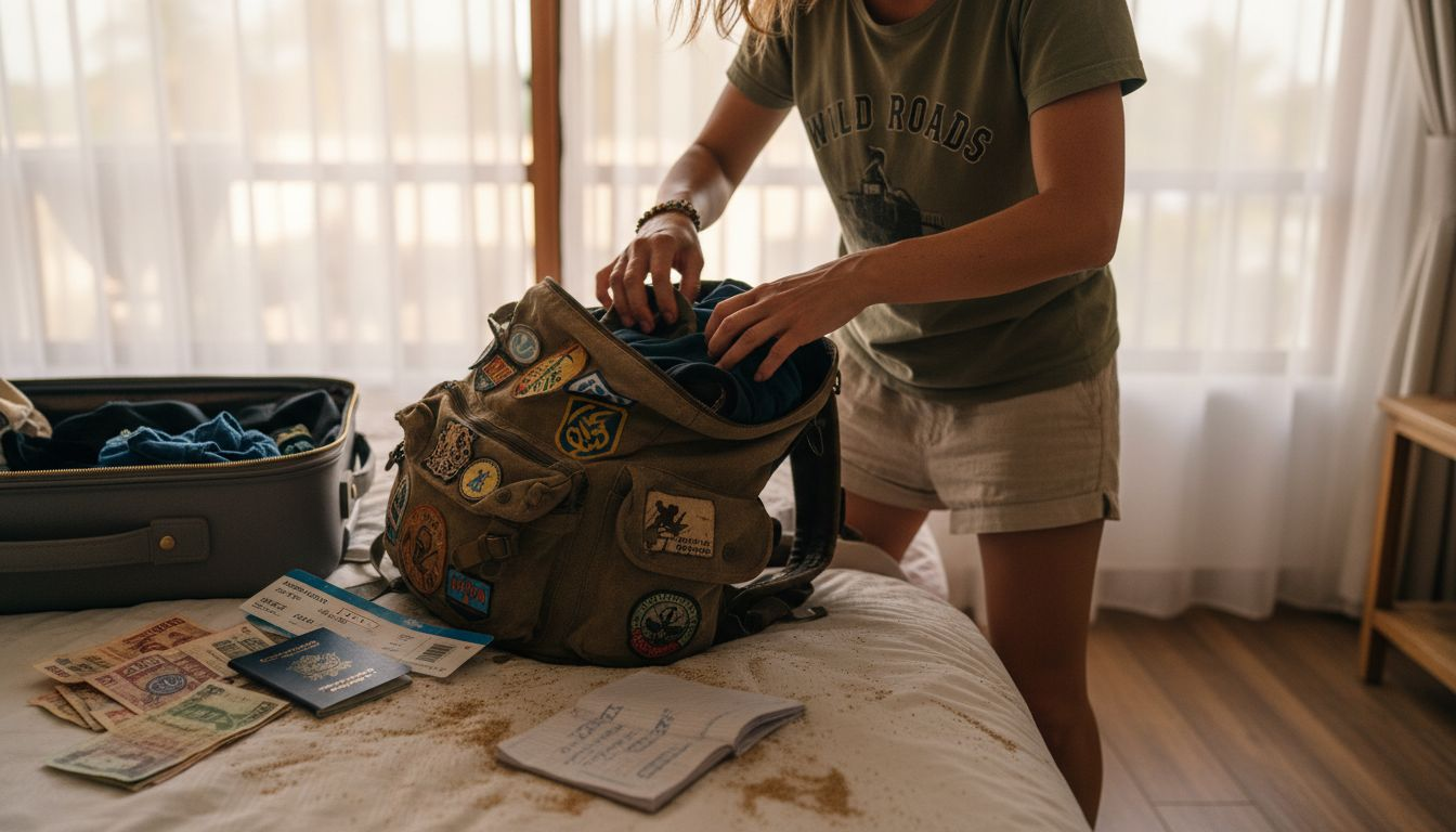 Packing travel documents on Zanzibar bed