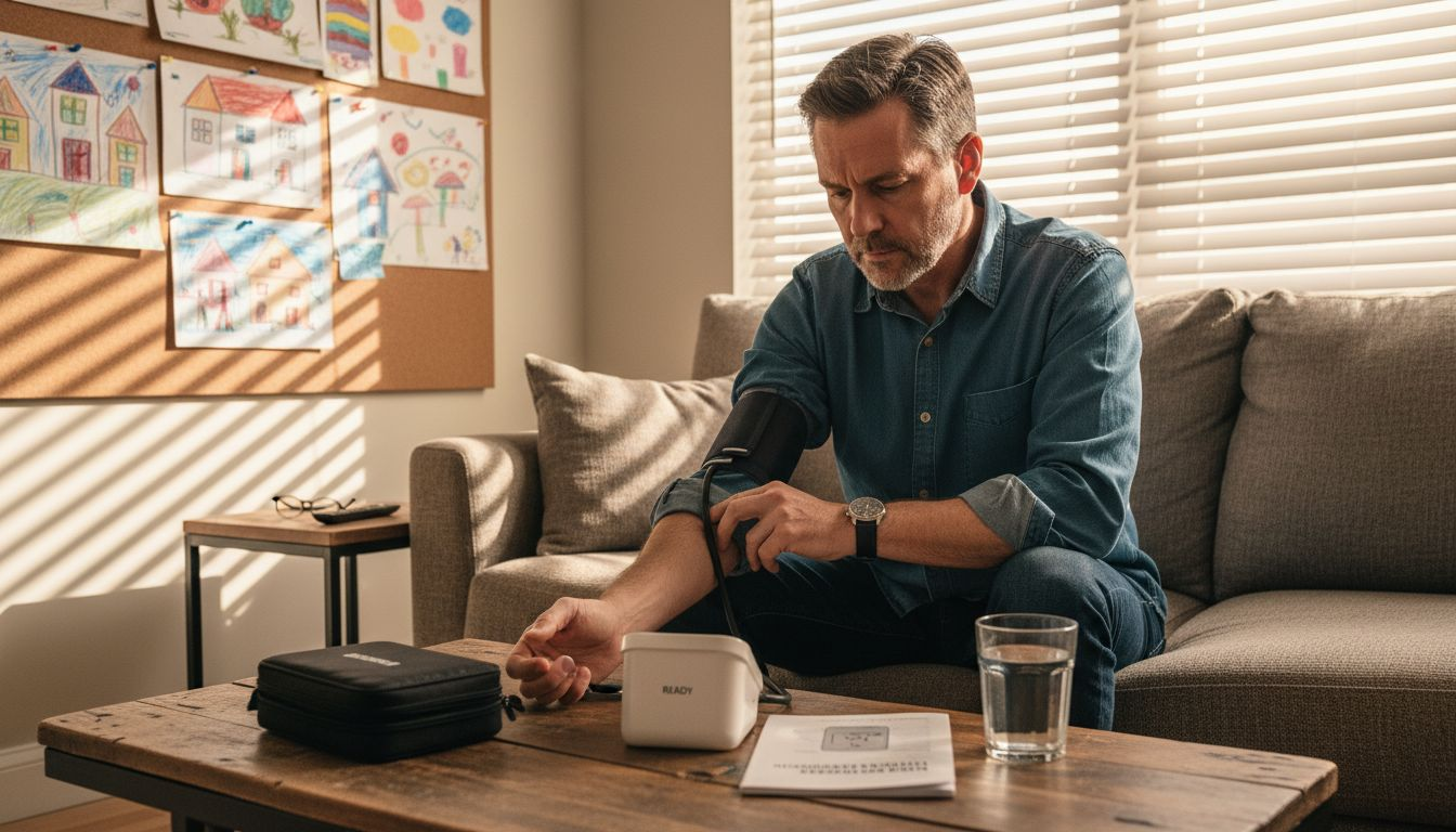 Man using blood pressure monitor on sofa