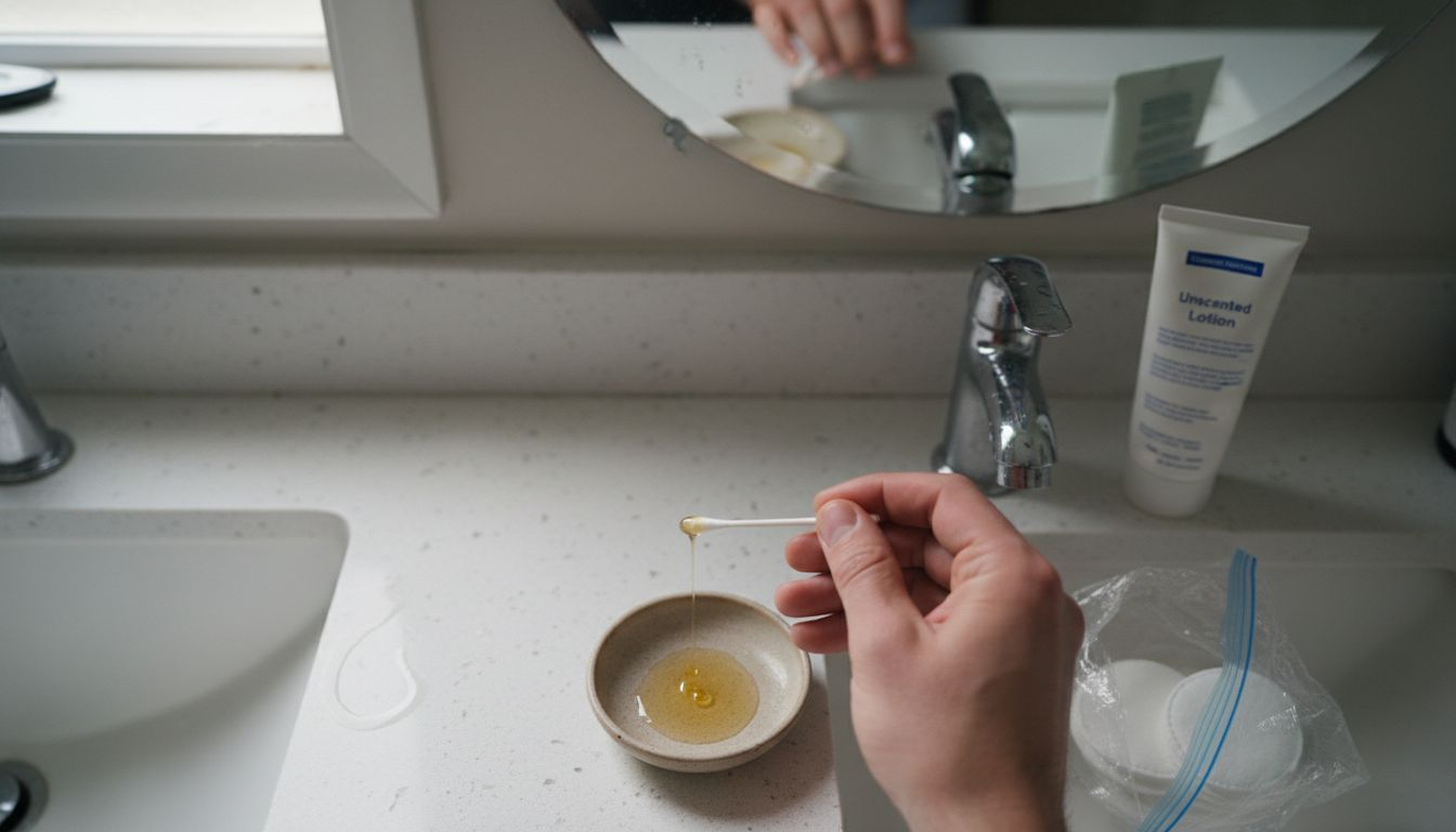 Hand preparing tea tree oil cotton swab