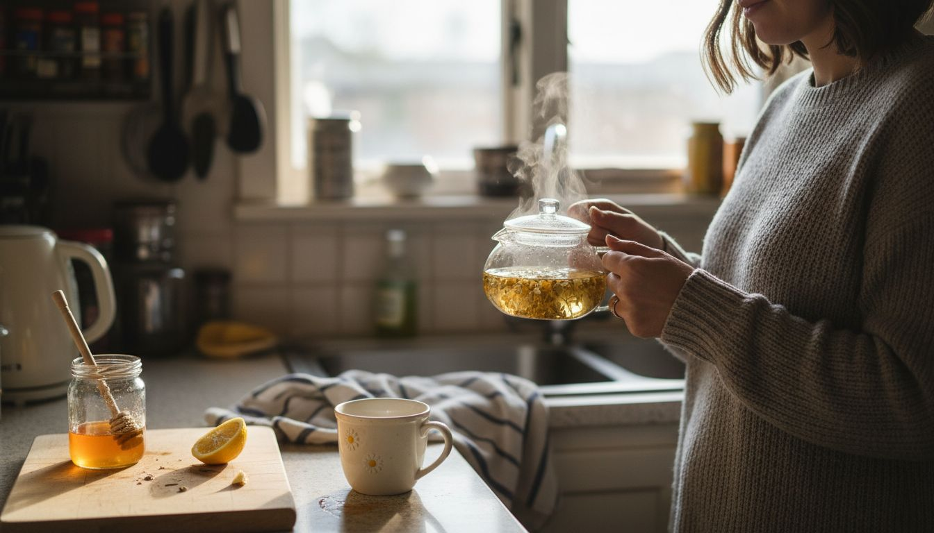 Woman preparing chamomile tea in kitchen