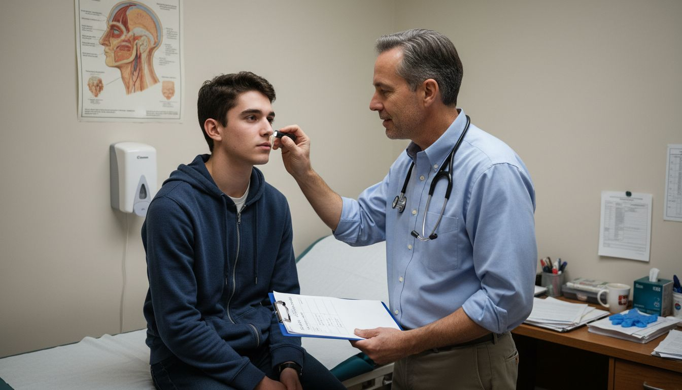 Doctor examining young man’s nose in clinic