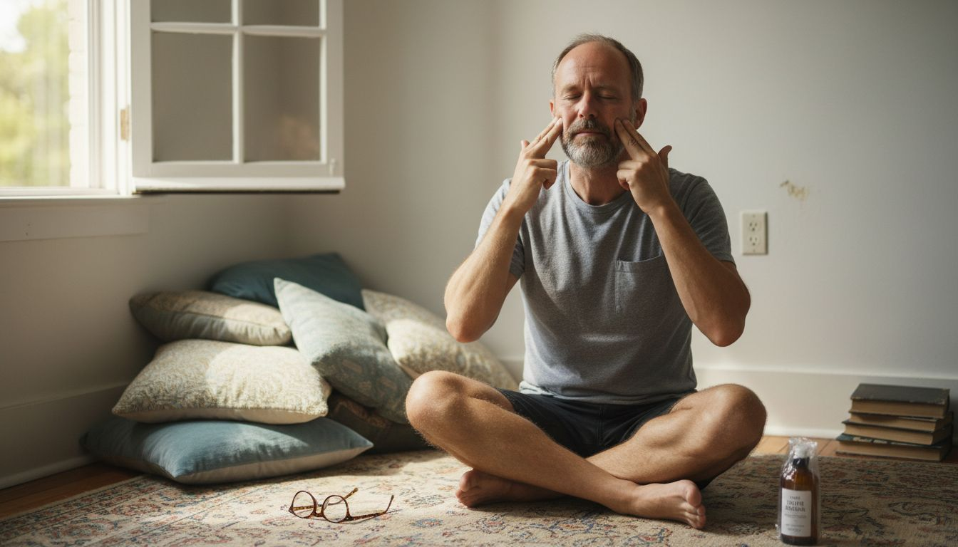 Man practicing gentle face massage at home