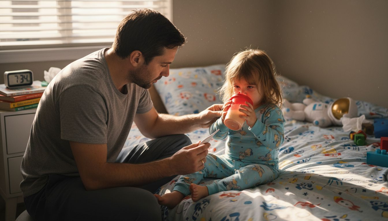 Parent checks child’s temperature with thermometer
