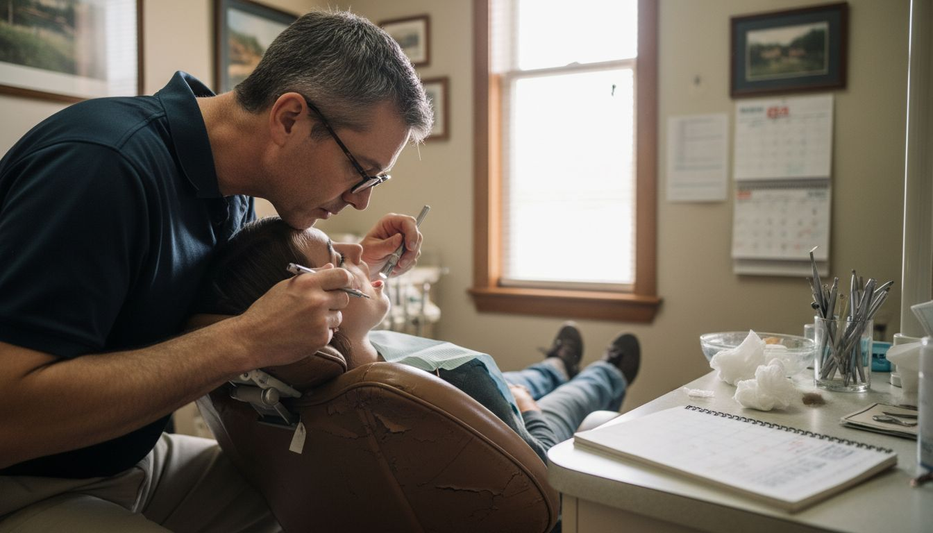 Dentist inspecting mouth for oral thrush