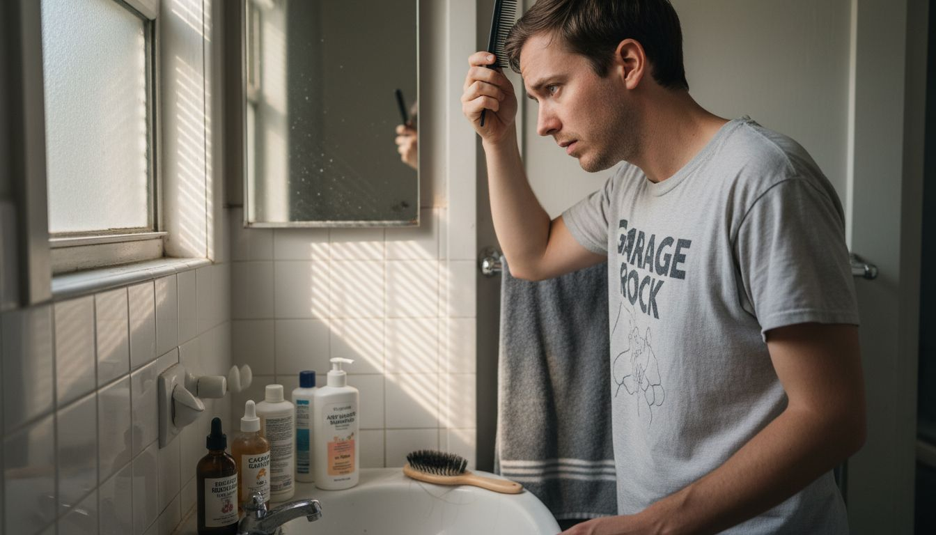 Man inspects scalp during daily care routine