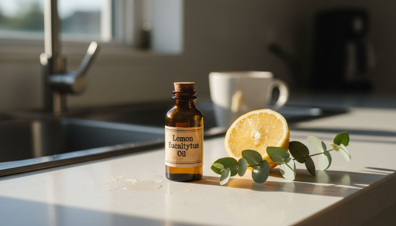 Lemon eucalyptus oil bottle with lemons