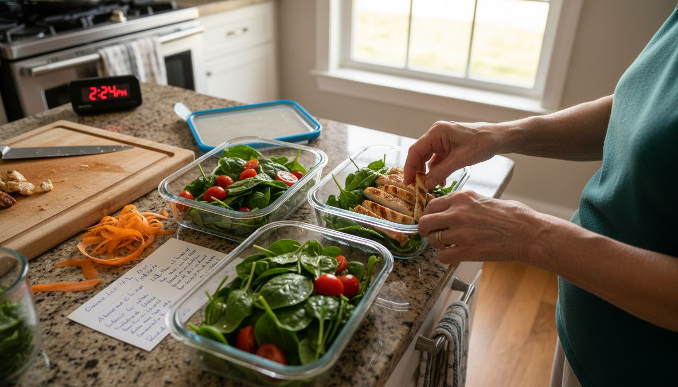 Woman preparing healthy lunch in home kitchen