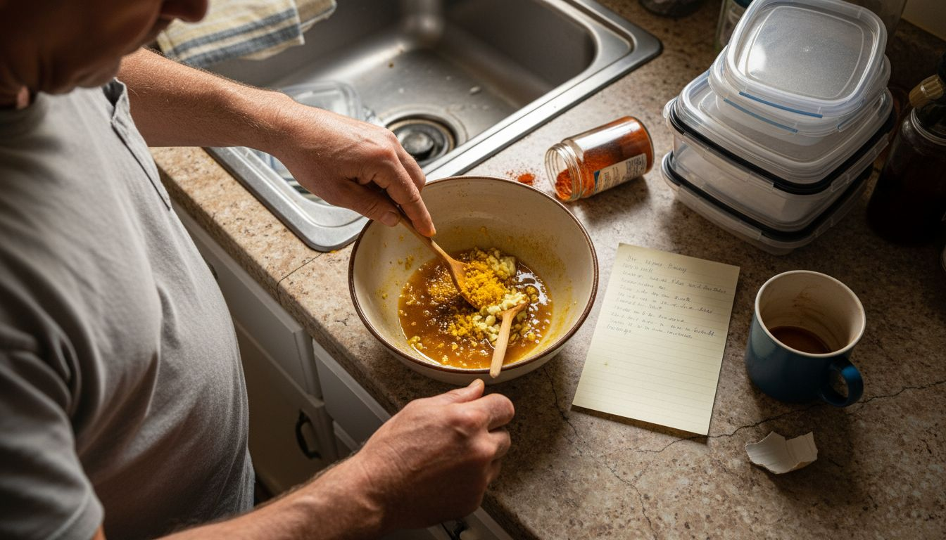 Mixing turmeric, honey, and garlic blend
