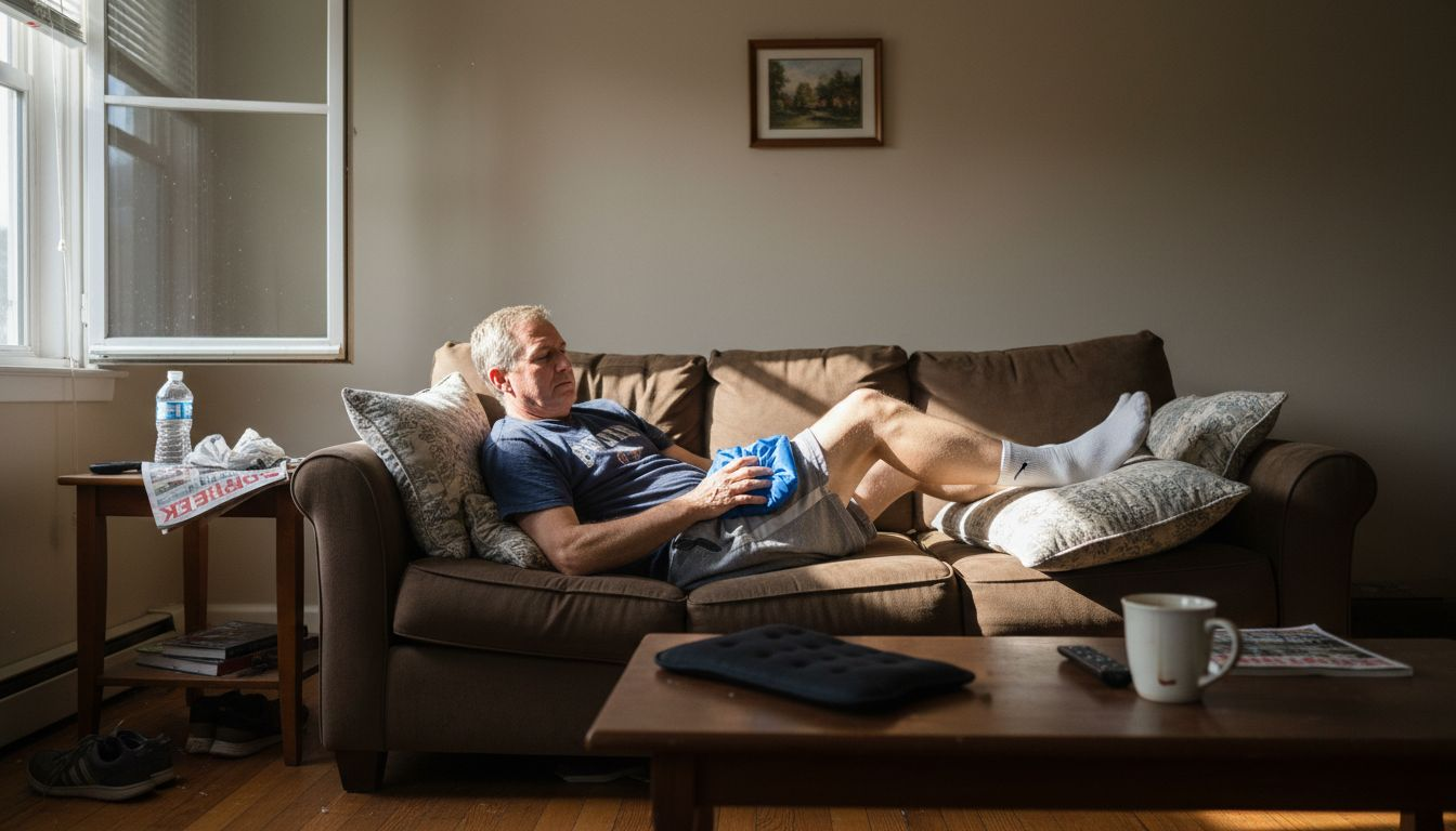 Man elevating leg with cold pack for swelling