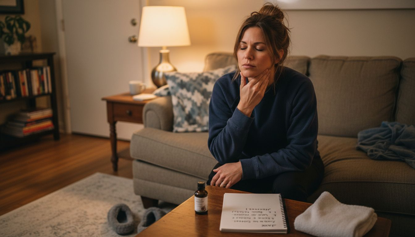 Woman performing jaw massage at home