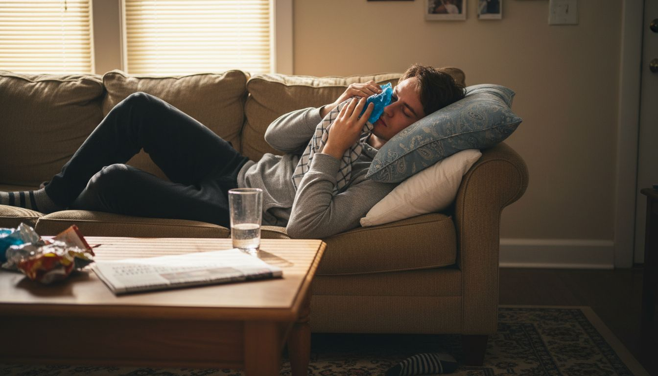 Man elevating head with ice pack for black eye