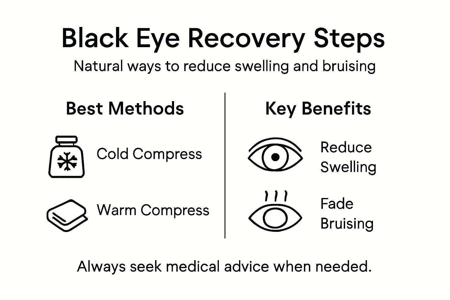 Infographic of black eye recovery steps and remedies