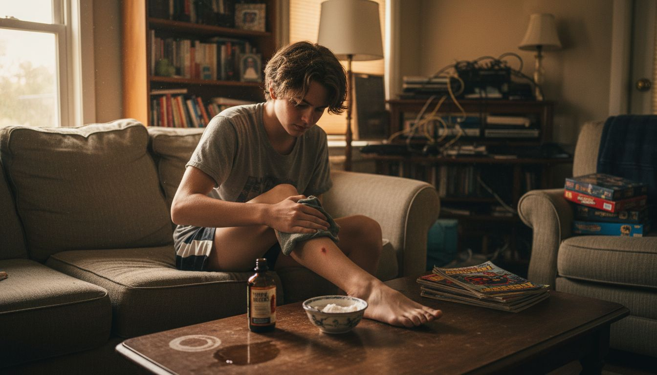 Boy using cold washcloth insect bite remedy