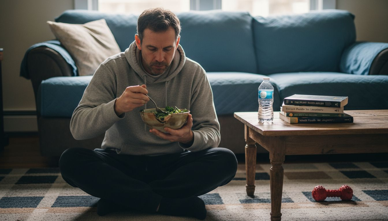 Man eating salad in relaxed living room