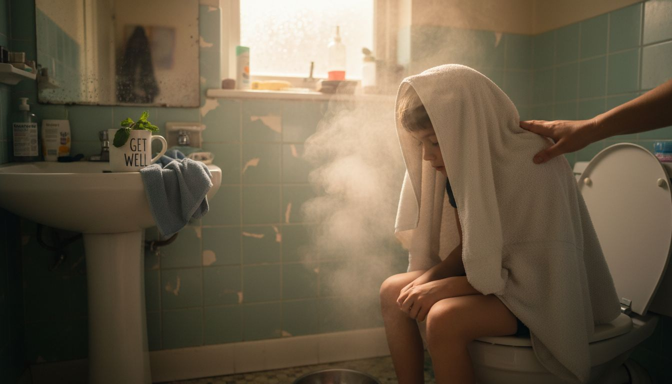 Child inhaling steam with parent support