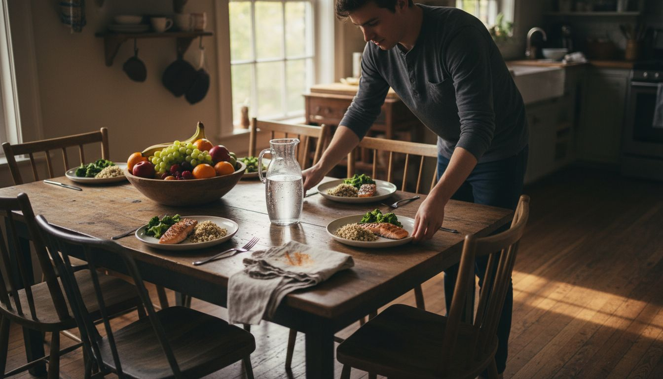 Family table with balanced whole foods meal