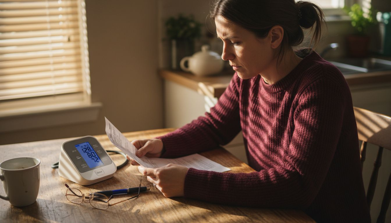 Woman reading blood pressure monitor instructions