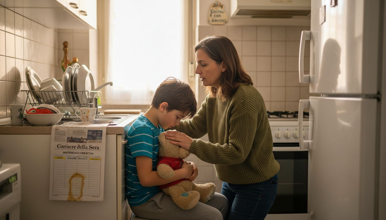Una mamma consola il suo bambino seduti insieme sul bancone della cucina.