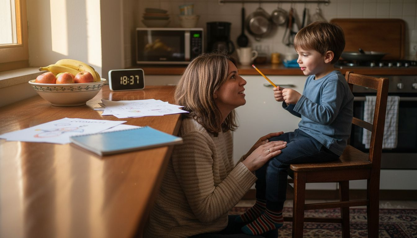 Una mamma che parla con il figlio con ADHD mentre sono insieme in cucina