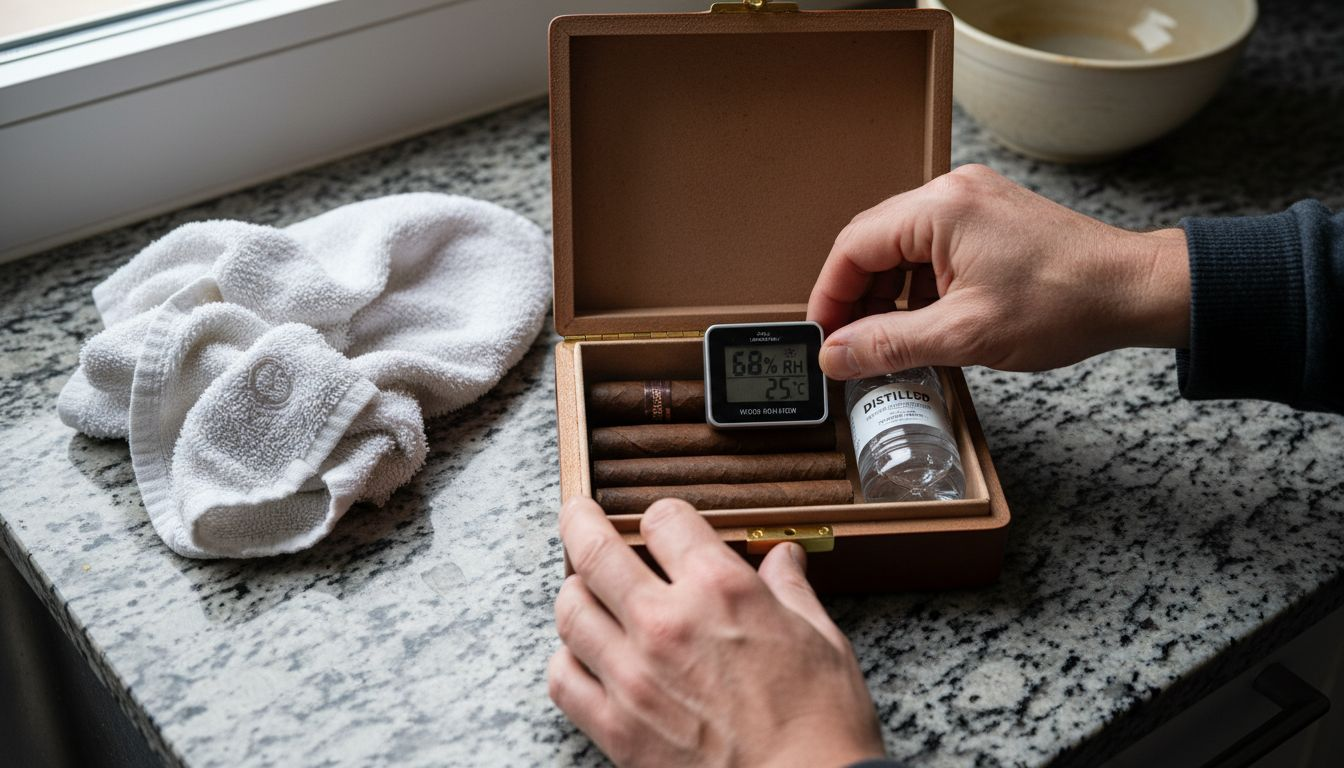 Hands calibrating hygrometer in travel humidor