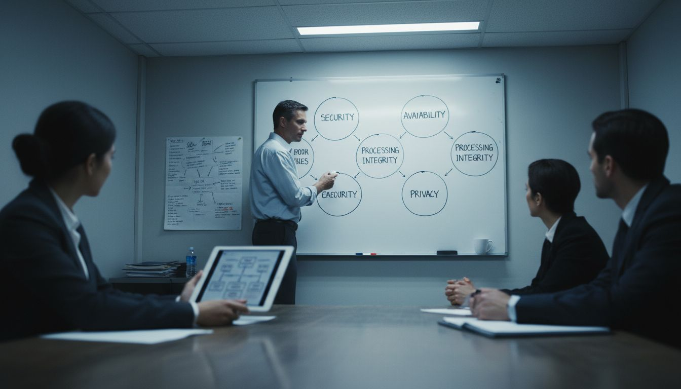 IT manager outlines SOC 2 criteria on whiteboard