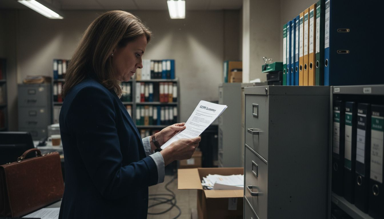 Compliance officer reviewing printed documents