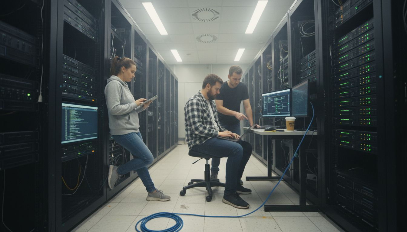 Cybersecurity team working in hospital server room