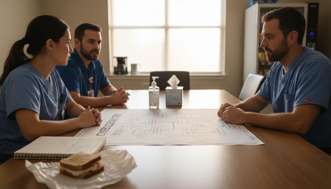 Hospital staff review cybersecurity framework chart