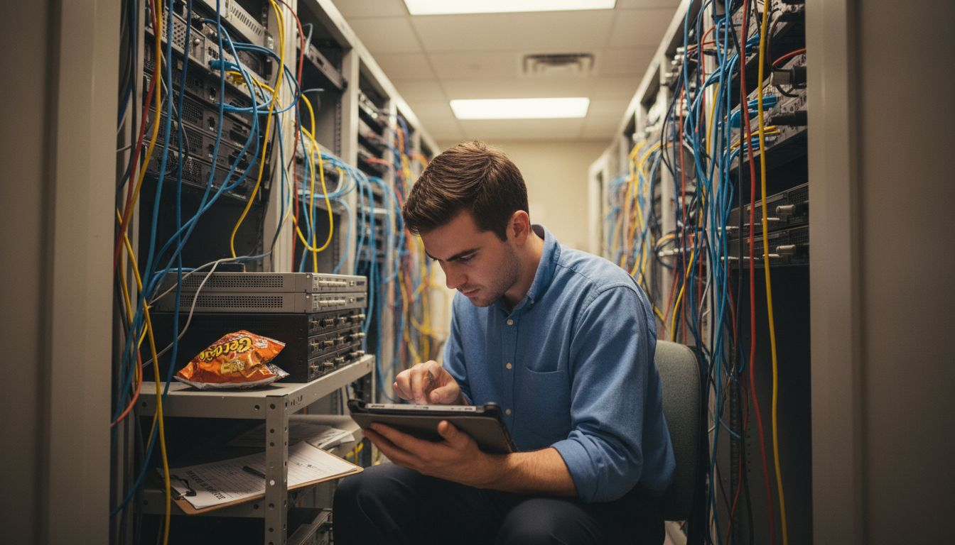 IT manager documenting asset inventory in server room