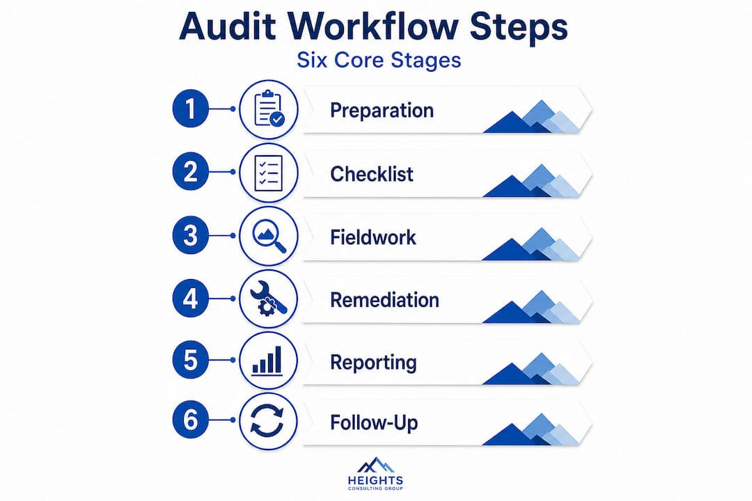 Infographic outlining six compliance audit workflow stages