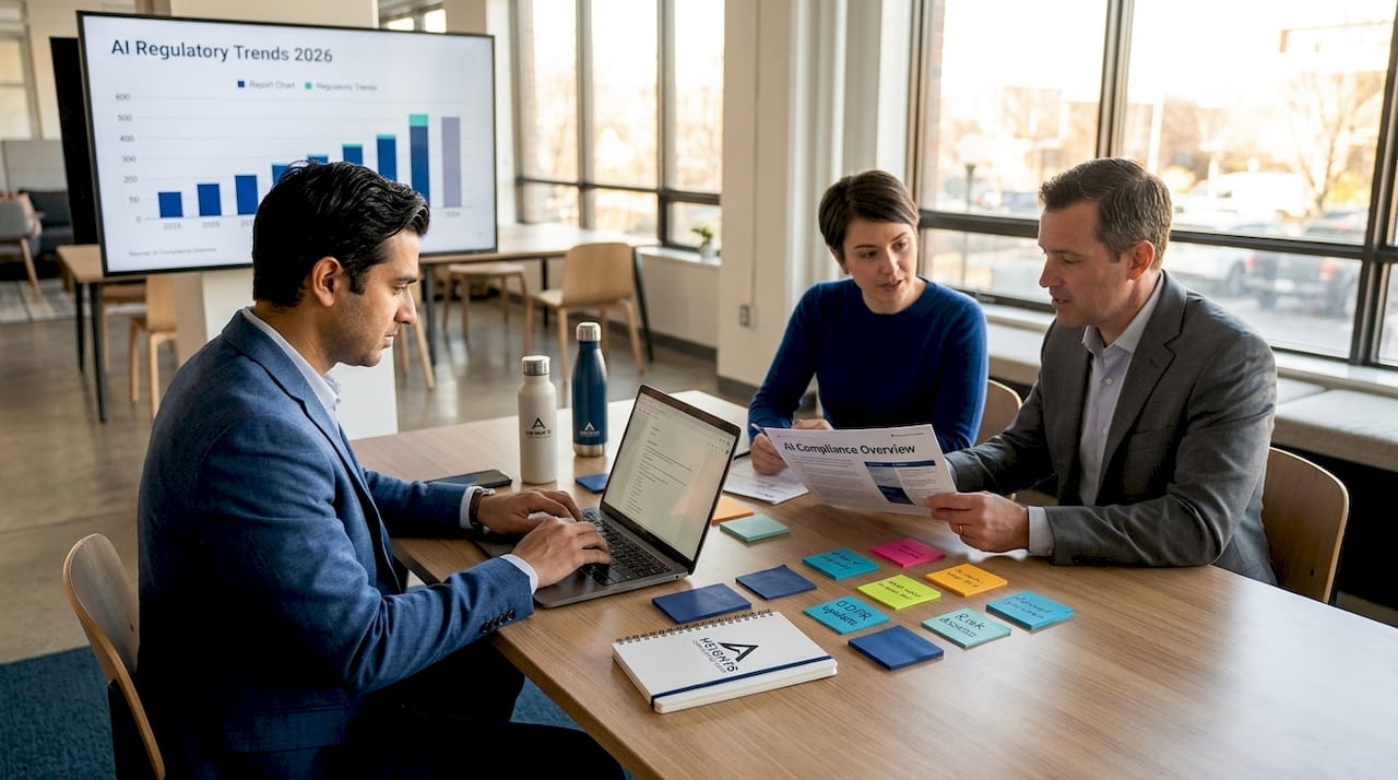 Team reviewing AI compliance findings in meeting