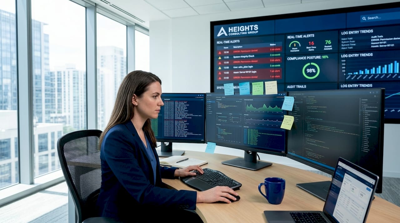 Compliance analyst monitoring audit logs in control room