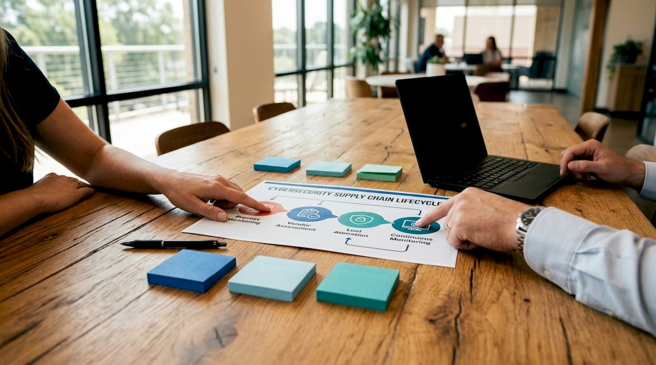 Hands pointing at supply chain cybersecurity stages diagram