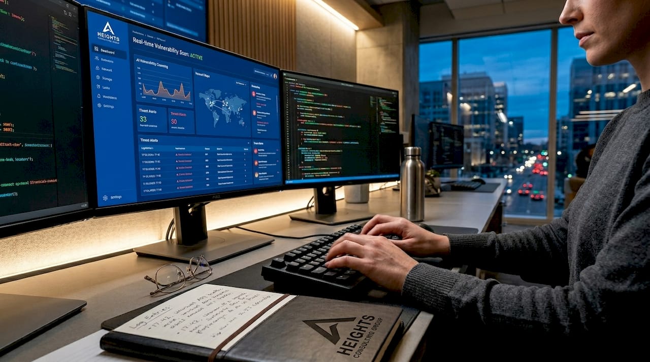 Cybersecurity specialist analyzing AI vulnerabilities at workstation