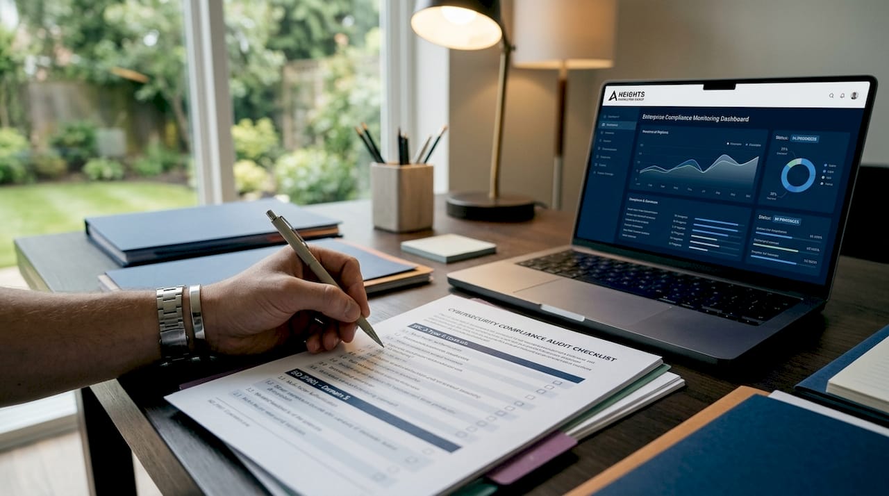 Hand filling audit checklist with tablet compliance dashboard