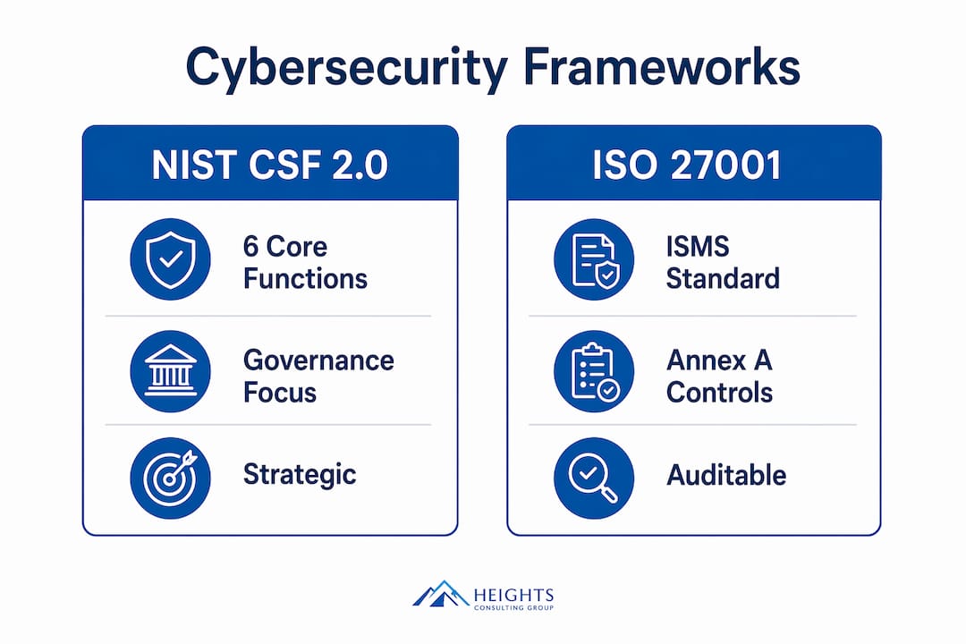 Infographic comparing NIST CSF 2.0 and ISO 27001 cybersecurity frameworks