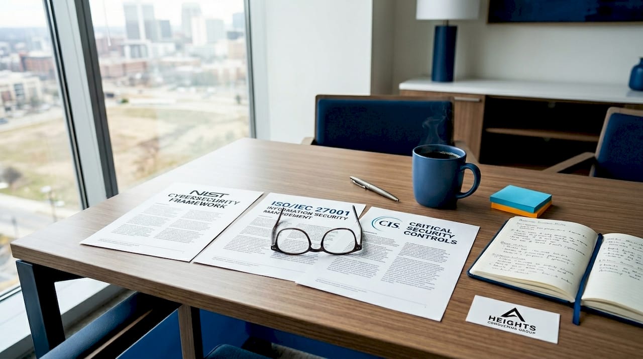 Documents on NIST, ISO, and CIS cybersecurity frameworks on desk