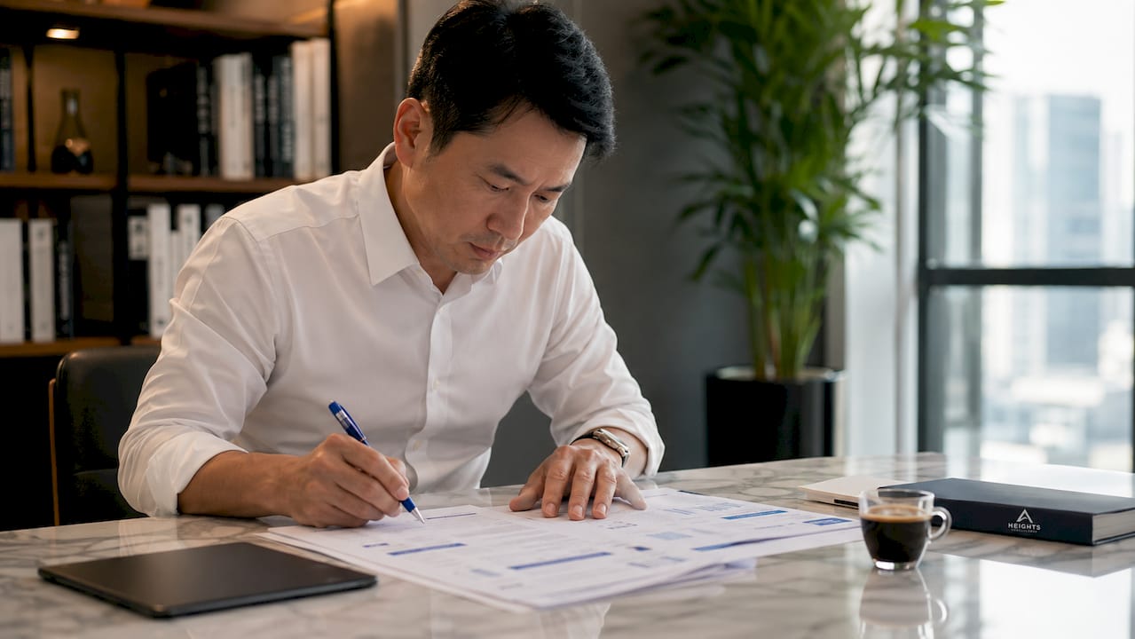 Man reviewing security governance documents at office desk