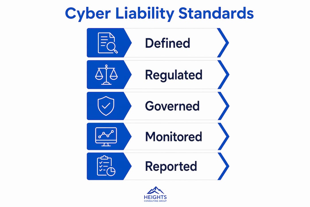 Infographic showing five key stages of cyber liability standards