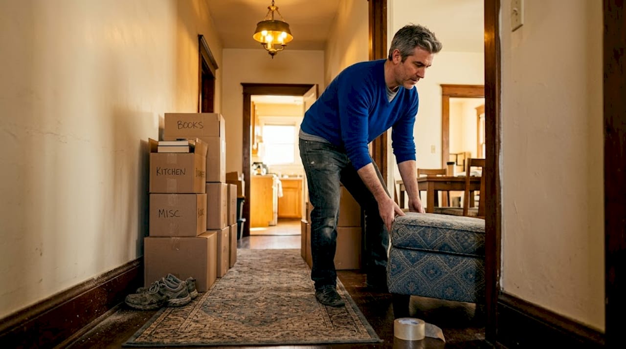 Man clearing hallway for moving day