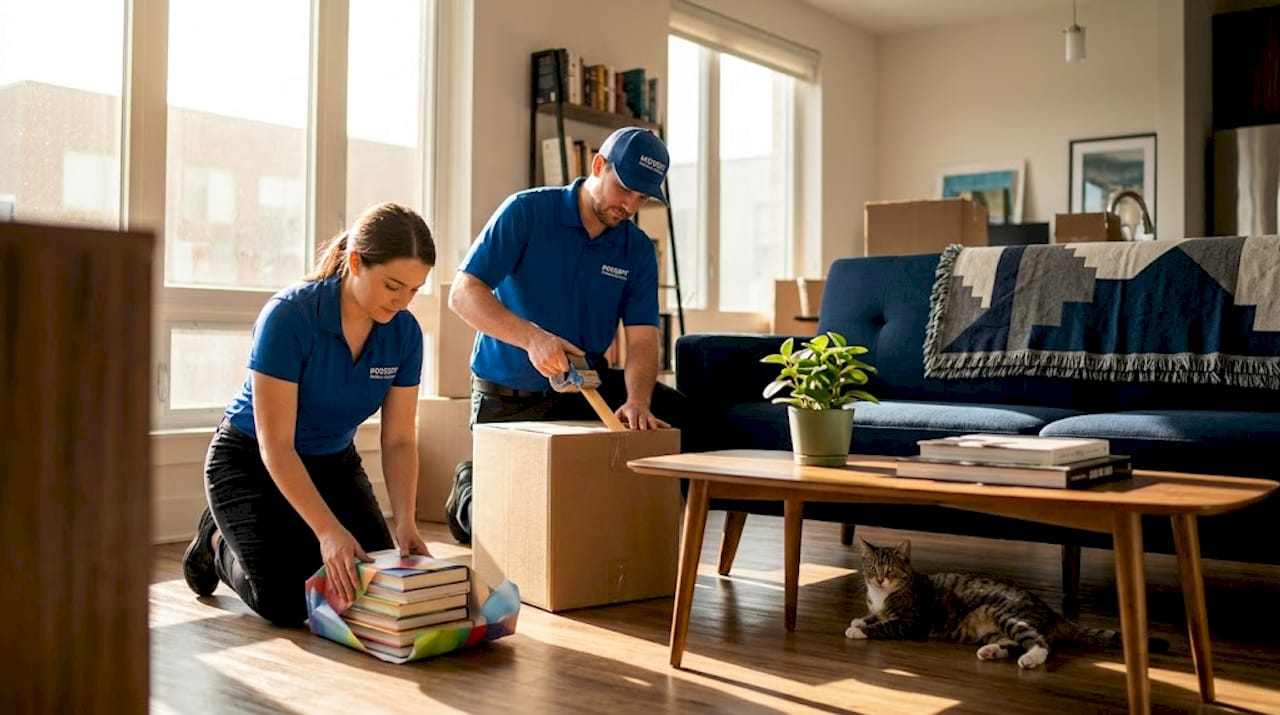 Packing team working in lived-in living room