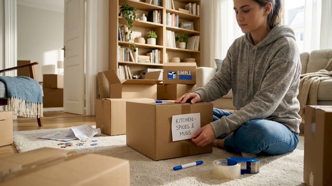 Woman labeling boxes for home move