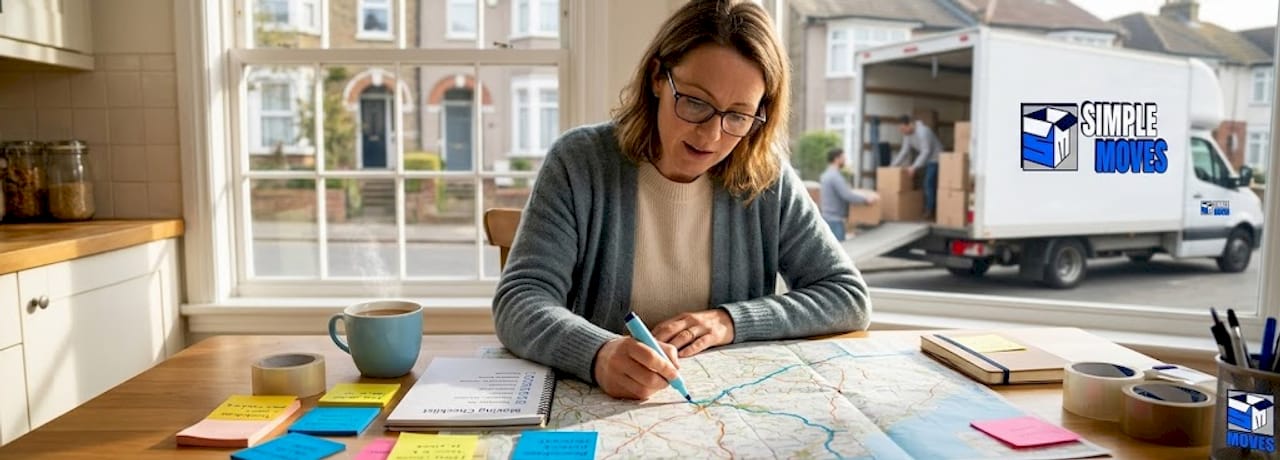 Person planning move with map and checklist