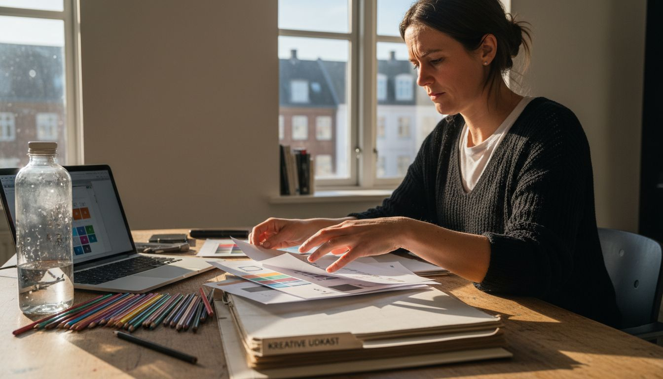 Designer reviewing printouts for brand identity