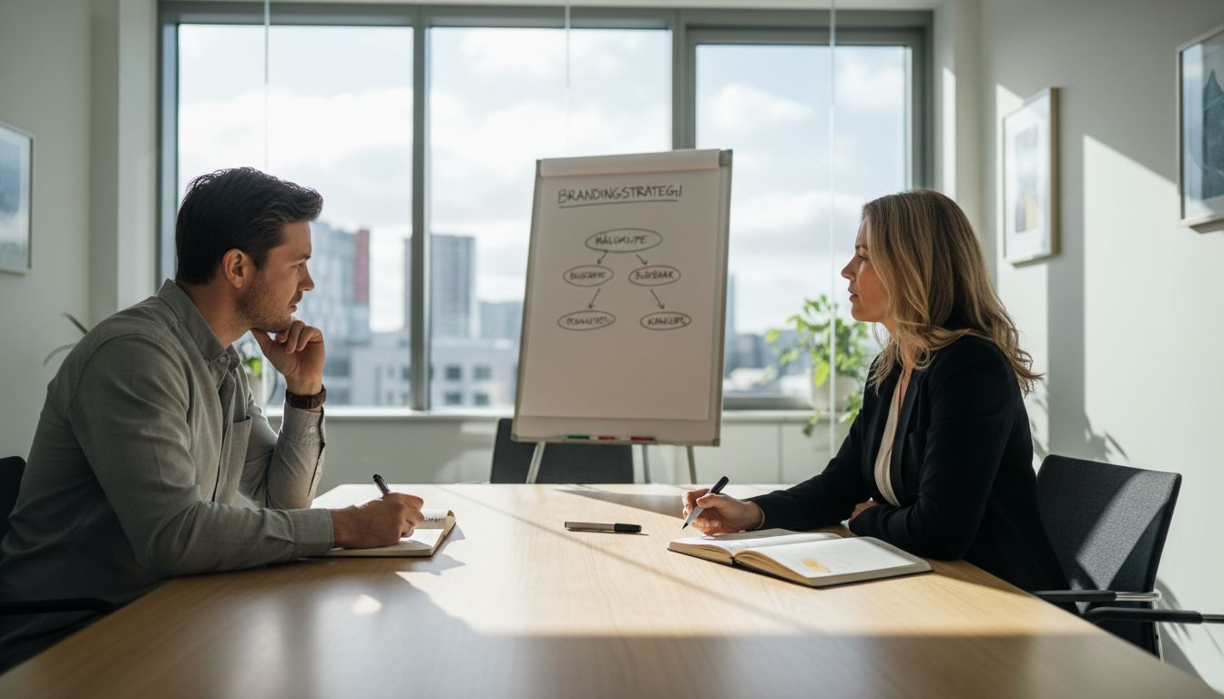 En konsulent gennemgår brandingstrategi med teamet på kontoret