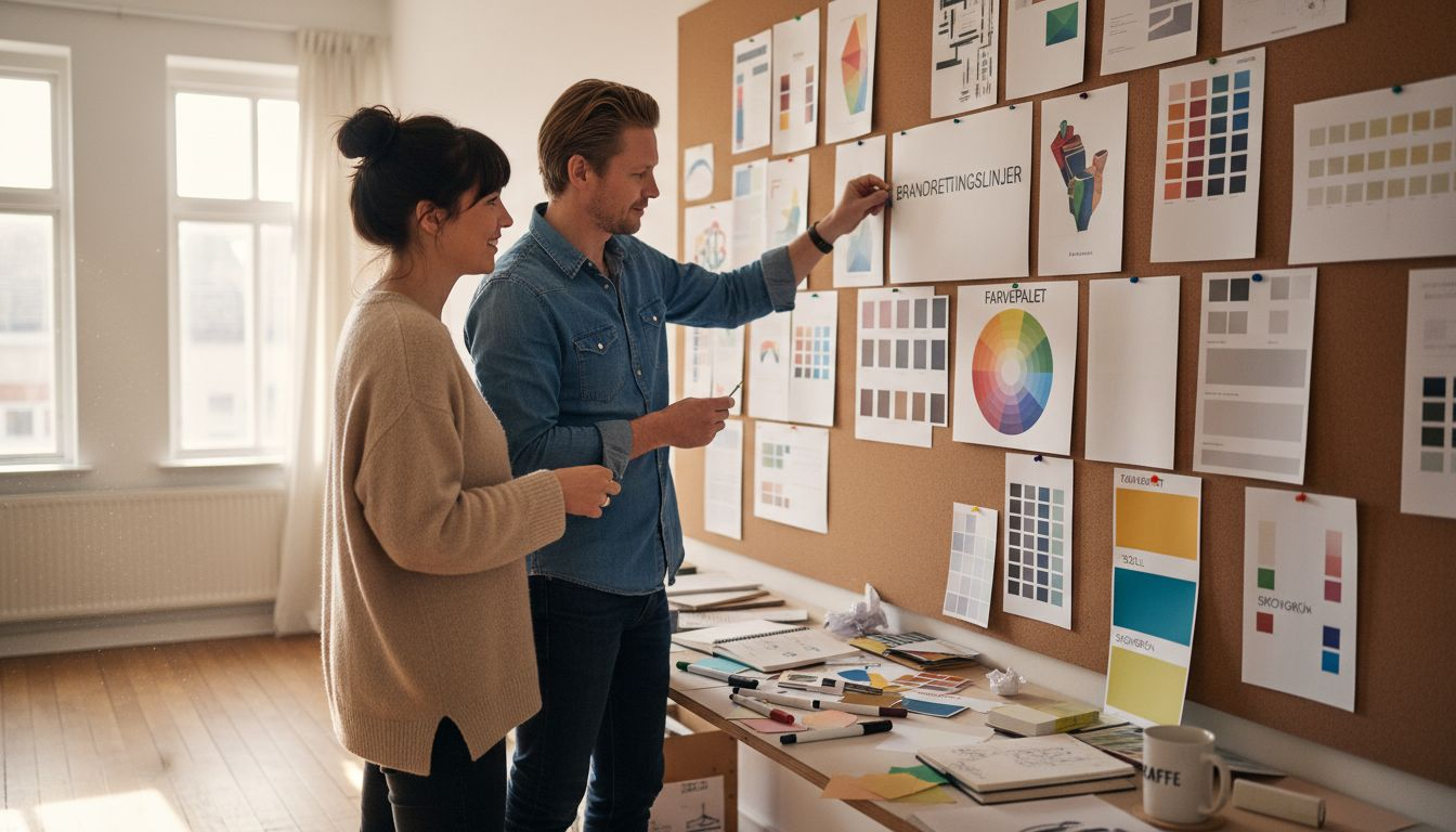 Kollegaer sætter brandretningslinjer op på opslagstavlen