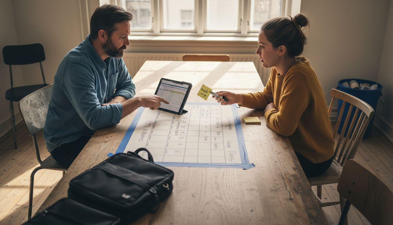 Et team sidder samlet omkring mødebordet og lægger planer for indholdskalenderen.